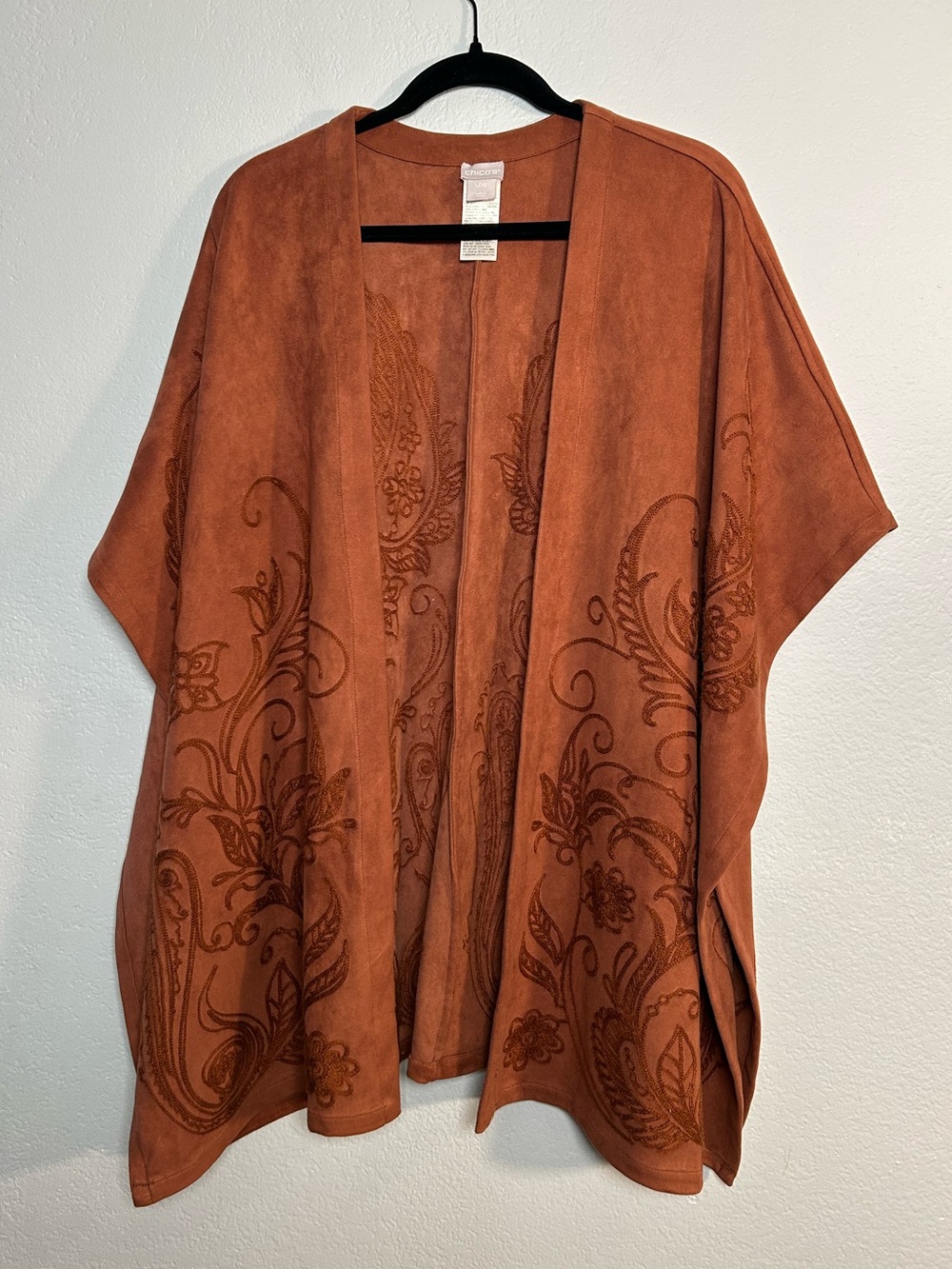 Chico's Rust Brown Faux Suede-Look embroidered western poncho Open Cardigan L/XL